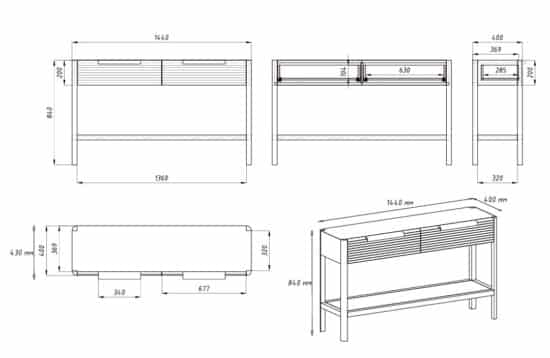 Tento odkládací stolek z masivního dubu kombinuje funkčnost s elegantním designem. Má dvě praktické zásuvky s charakteristickým drážkovaným čelem a minimalistickými úchyty, které dodávají moderní vzhled.