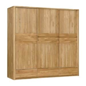 Masivní skříň Lausanne 3 se třemi posuvnými dveřmi nejen pozvedne vzhled Vaší ložnice, ale zároveň Vám bude sloužit dlouhá léta. Zaujme přirozenou kresbou dřeva i nadčasovým designem. Prakticky řešený interiér nabízí kombinaci polic, šatní tyče a dvou zásuvek, takže budete mít všechny věci přehledně uspořádané a vždy snadno dostupné.