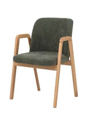 Dubová židle Chill se hodí nejen k jídelnímu stolu, ale také do pracovny, kanceláře nebo stylového komerčního prostoru. Masivní dubové dřevo zaručí dlouhou životnost, kvalitní zelené čalounění příjemné posezení a područky ještě větší komfort při vstávání i sezení.