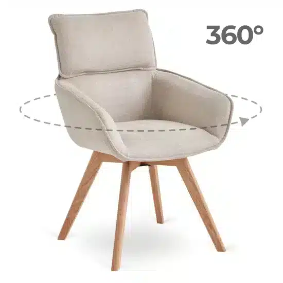 Otočné dubové křesílko Dias béžové představuje dokonalé spojení moderního designu, kvalitních materiálů a vysokého komfortu. Masivní dubové dřevo, příjemné čalounění a praktická otočná funkce vytváří elegantní a pohodlný kus nábytku, který bude ozdobou každého interiéru po mnoho let.
