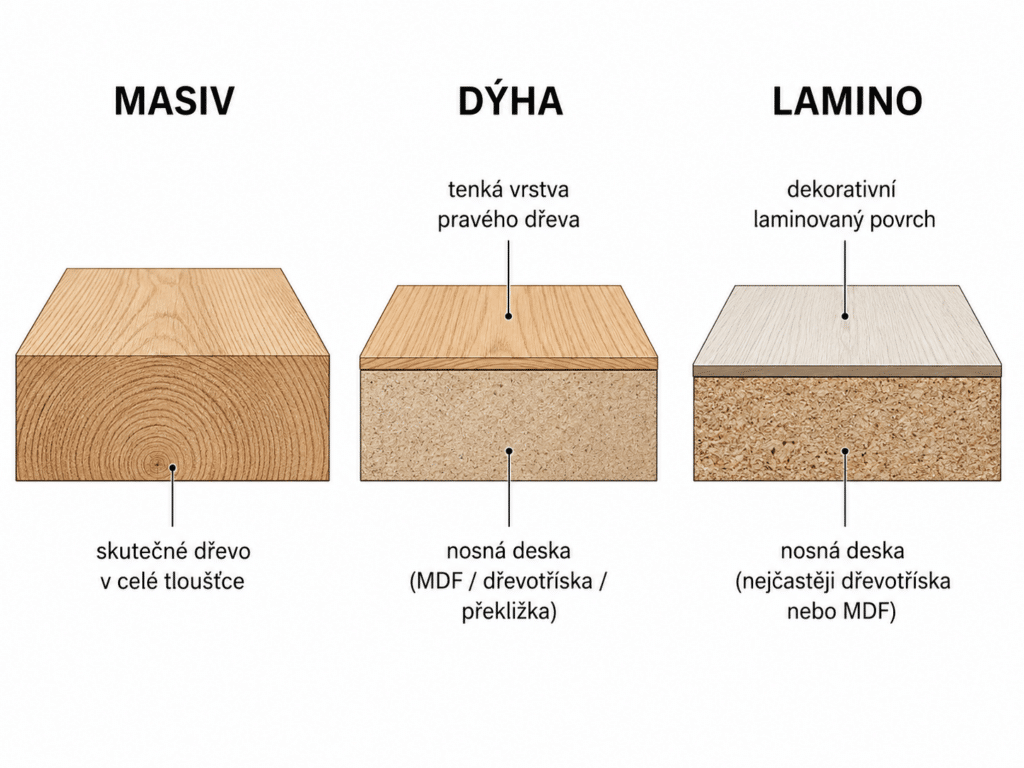 Porovnání tří materiálů na řezu: masiv (plné dřevo), dýha (dřevo na nosném materiálu) a lamino (dřevotříska s laminovanou vrstvou)