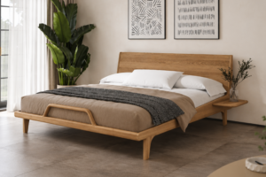 Moderní postel z masivního jasanového dřeva v elegantním odstínu dubu s vysokým čelem, stylovým dřevěným rámem a originálním designovým detailem v přední části. Teplý odstín dubu nechává vyniknout přirozenou kresbu jasanového dřeva, zatímco jemně zaoblené linie a vzdušná konstrukce dodávají posteli lehký a nadčasový vzhled.