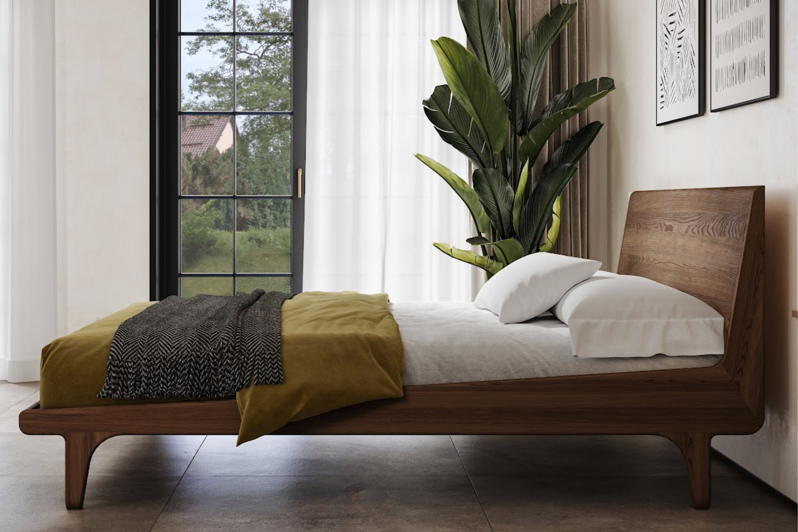 Moderní postel z masivního jasanu v elegantním odstínu ořechu s vysokým čelem, stylovým dřevěným rámem a originálním designovým detailem v přední části. Jemné křivky a vzdušná konstrukce vytvářejí harmonický kus nábytku s nadčasovým designem.